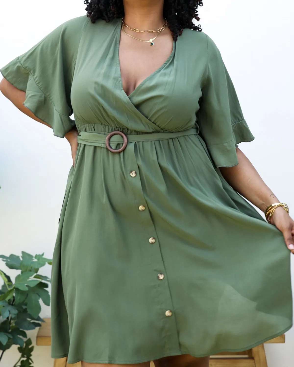 Anna Kaci Plus Size O-Ring Tied Belt Waist Butterfly Flare Sleeve Midi Dress - Jn4723