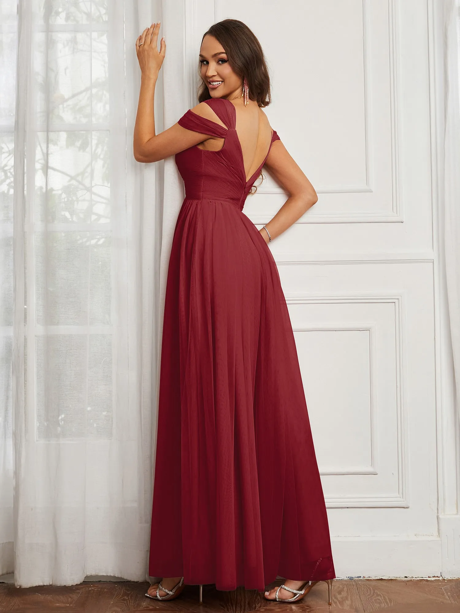 Cap Sleeve Tulle Ruched Floor-length Dress Burgundy