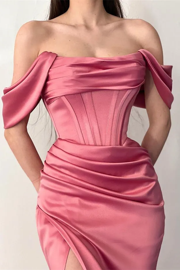 Fabulous Floor Length Off-The-Shoulder Mermaid Satin Prom Dress with Split