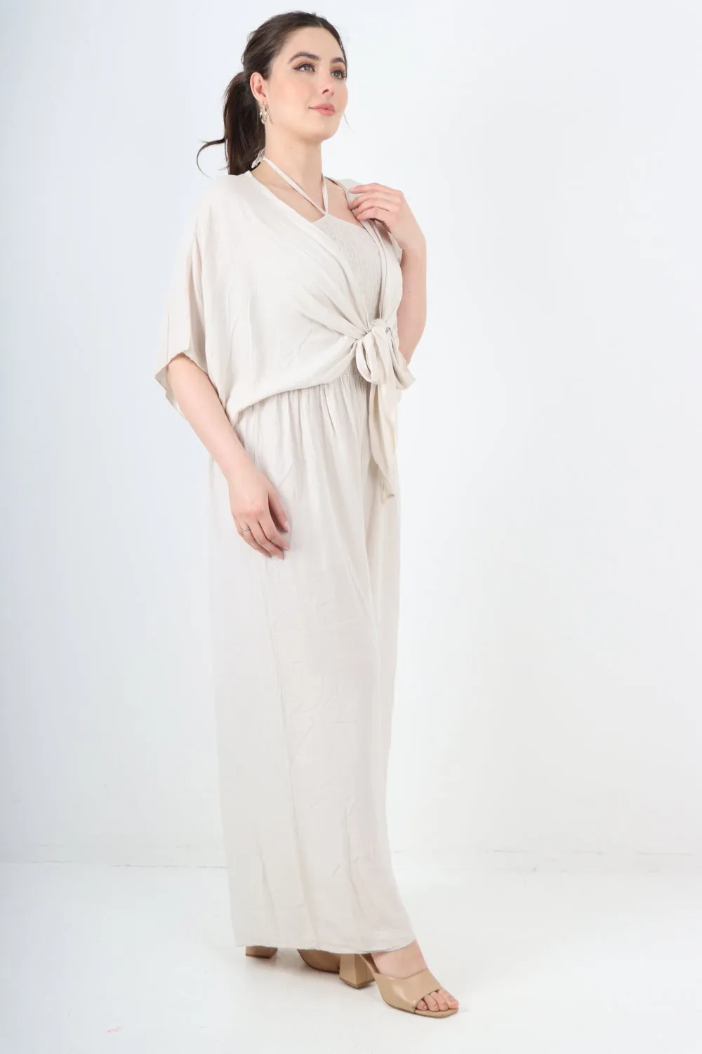 Italian Two Piece Bardot Jumpsuit and Tie Waist Shrug