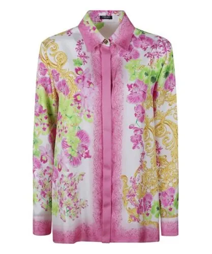 New Versace Orchid Print Button Down Silk Blouse In Rose