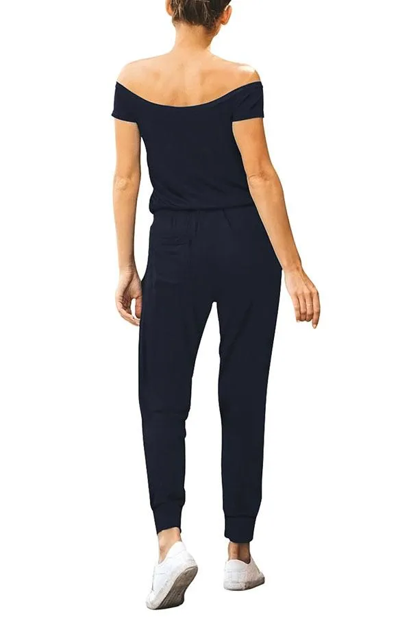 Off Shoulder Solid Short Sleeve Top Pocket Jogger Jumpsuit