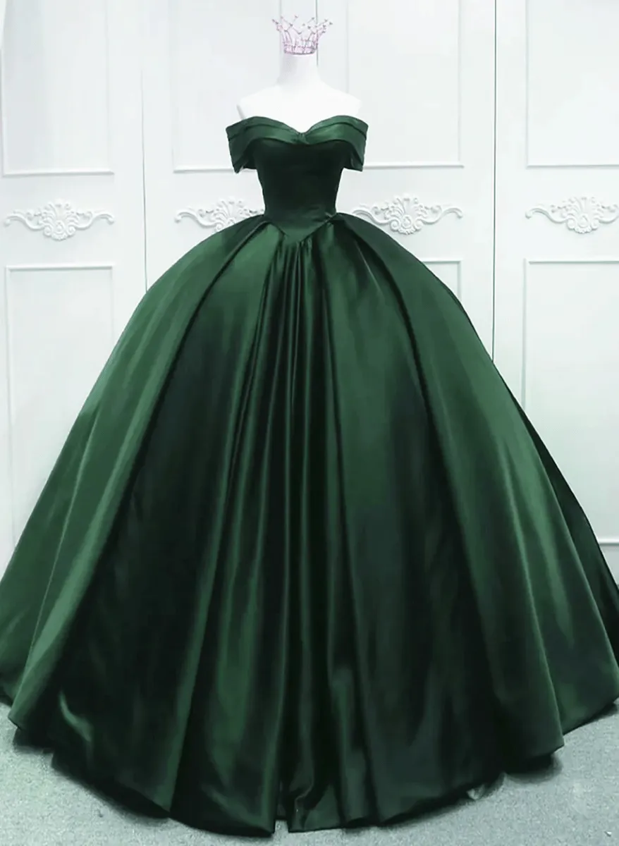 Off the Shoulder Ball Gown Dark Green Satin Quinceanera Dresses