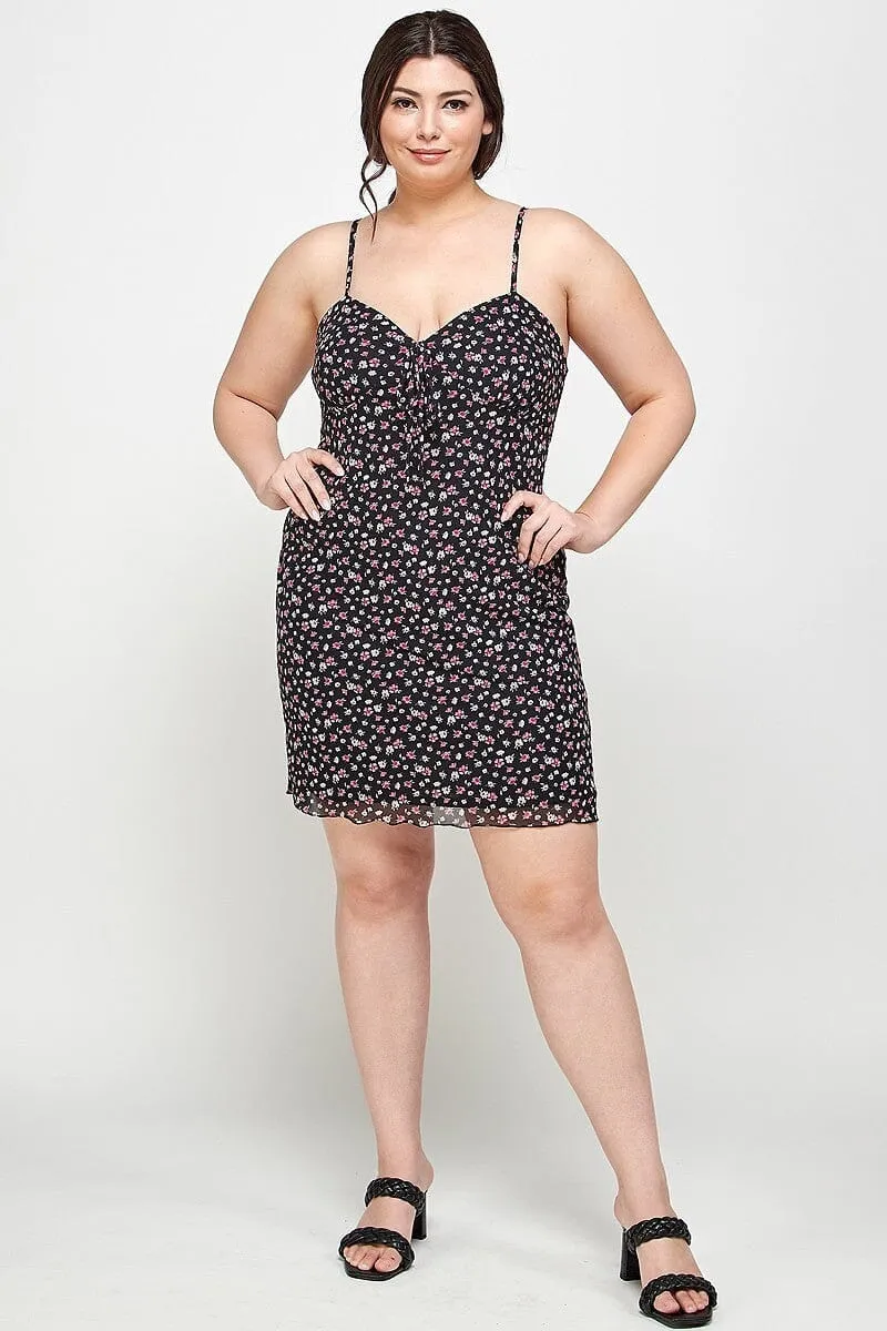 Plus Size Black Ditsy Floral Print On Mesh Fabric Spaghetti Strap Party Cami Mini Bodycon Dress