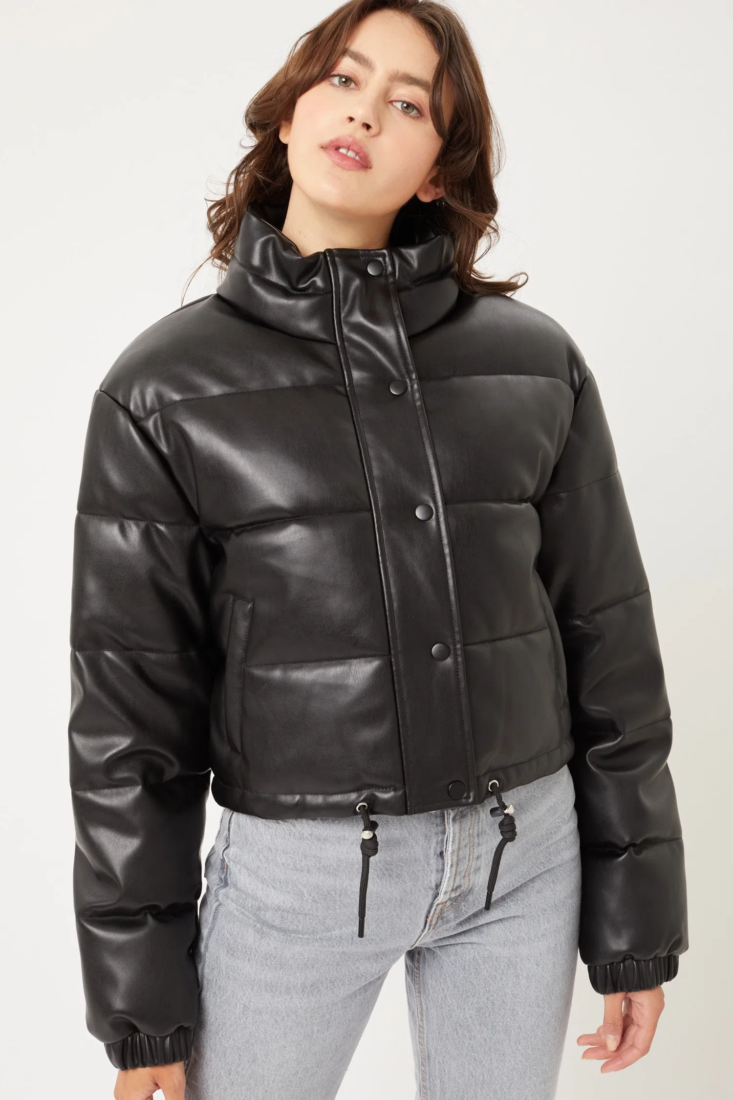 "Snowy Mornings" Black Vegan Leather Puffer Jacket