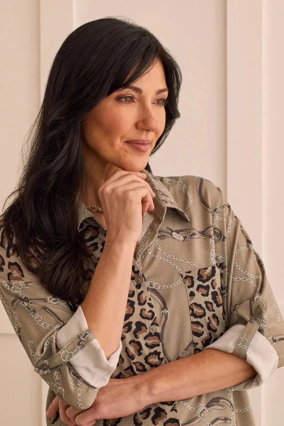ROLL-SLEEVE MIXED PRINT BLOUSE