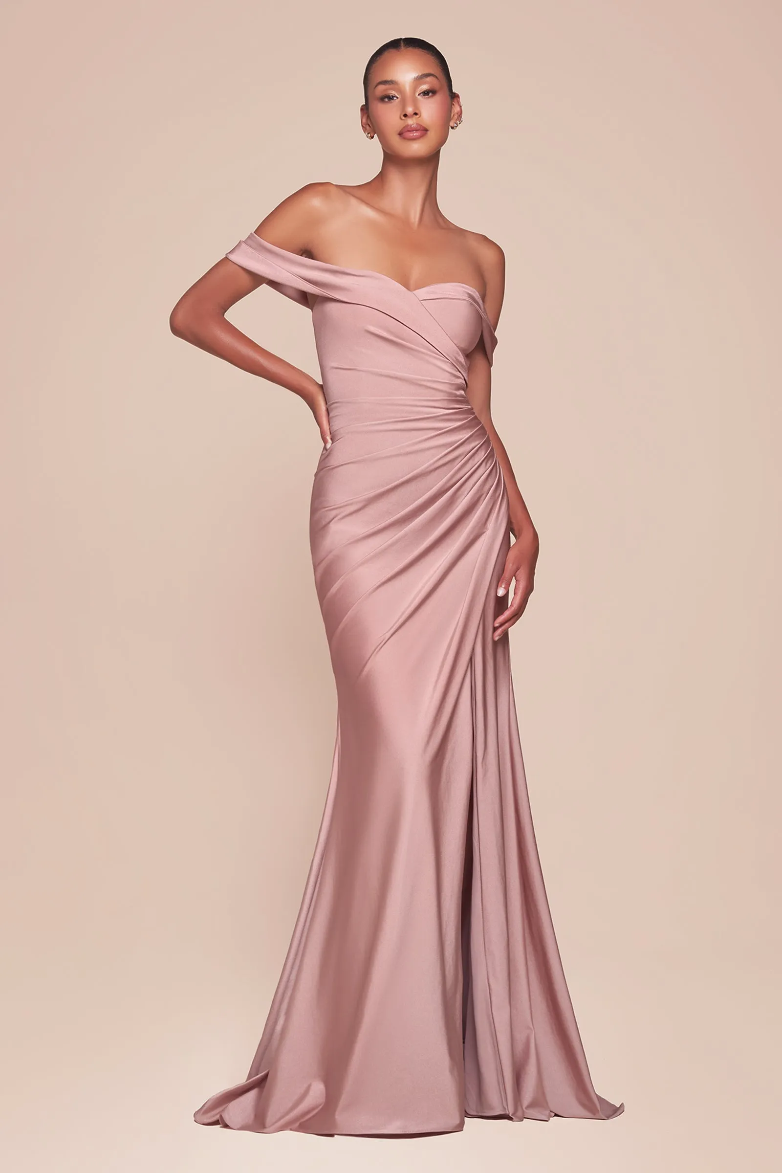 Satin Fitted Off Shoulder Slit Gown by Ladivine CD790