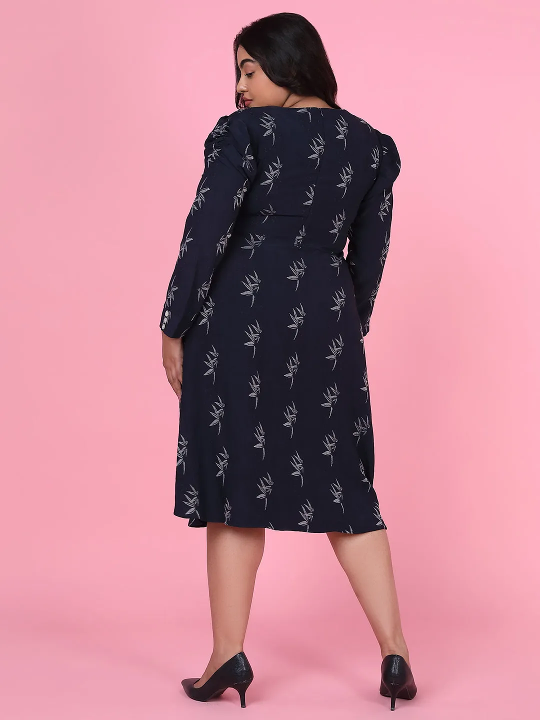Women Floral Navy Blue Fit and Flare Dress